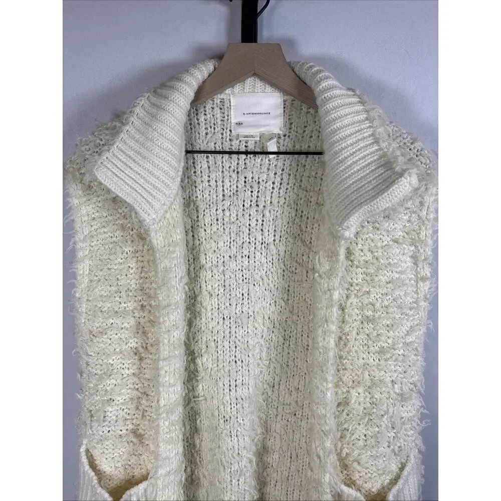 Anthropologie Fuzzy Open Front Knit Vest Women's XXS Cream Oversized Boho Wool